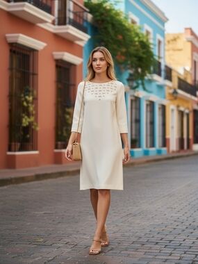 Ann Taylor Ivory Cream Beaded Neckline 3/4 Sleeve Shift Dress Size 4